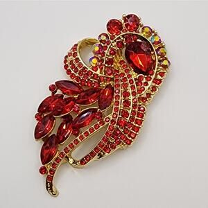 Abstract Faux Jewel Brooch Red Stones on Gold Tone Metal Larger Statement Piece